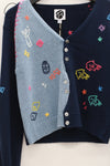 YANYAN KNITS V-neck embroidered colorblock knitted cardigan YYK-YYW23-124-LAN blue YYW23-1241
